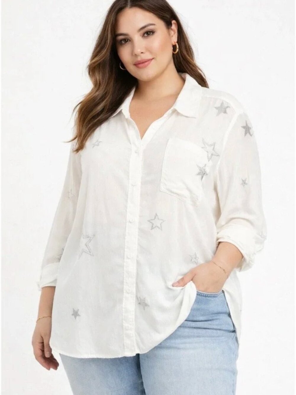 Torrid White Gauze Silver Embroidered Star Button Down Shirt Size 1